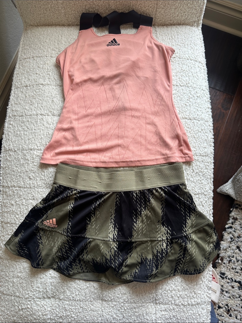 adidas Pink Tank Top with Olive & Black Patterned Skater Skirt